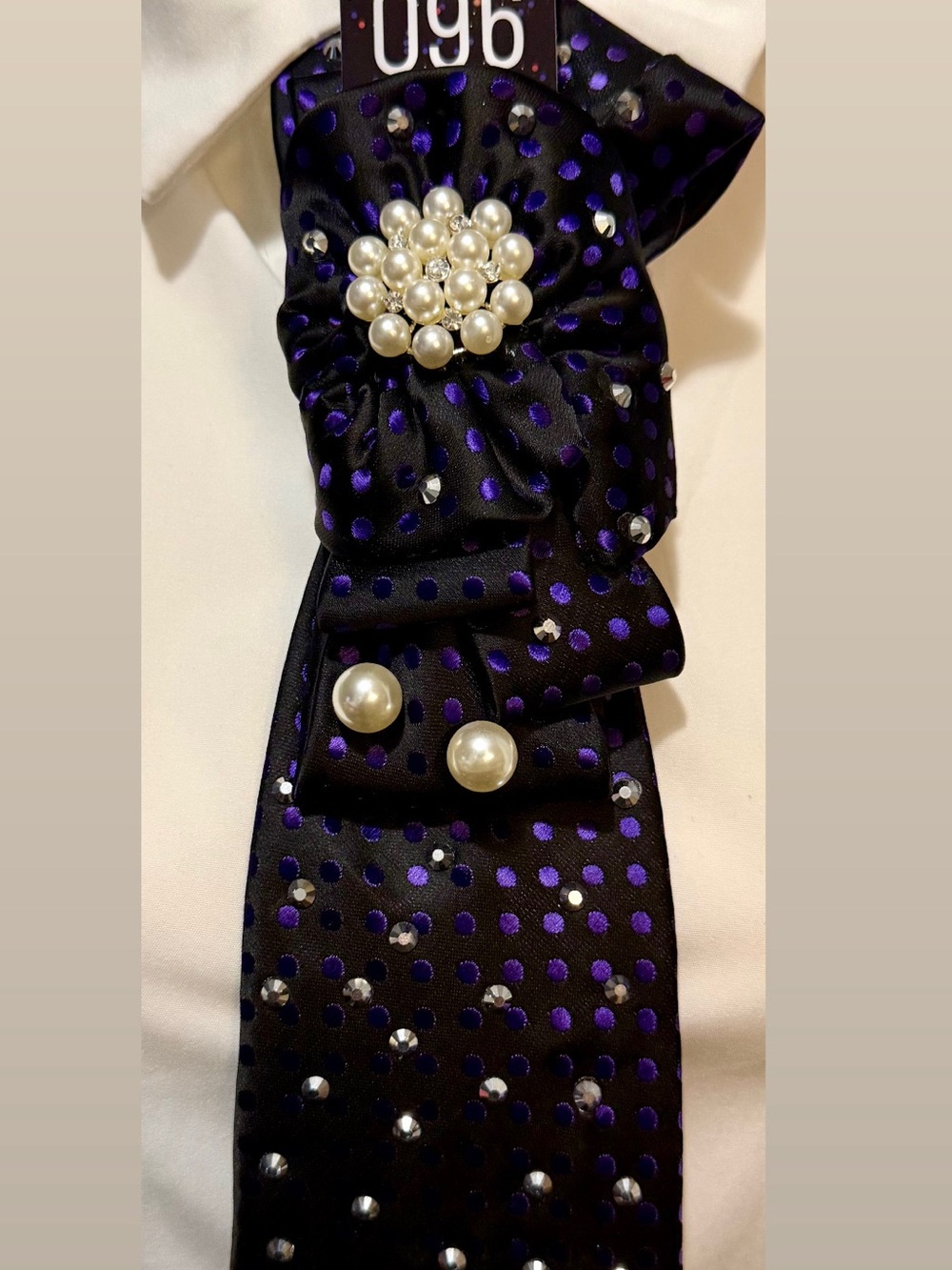 Black Satin Polka Dot Brooch Tie Necklace with Pearl Accents